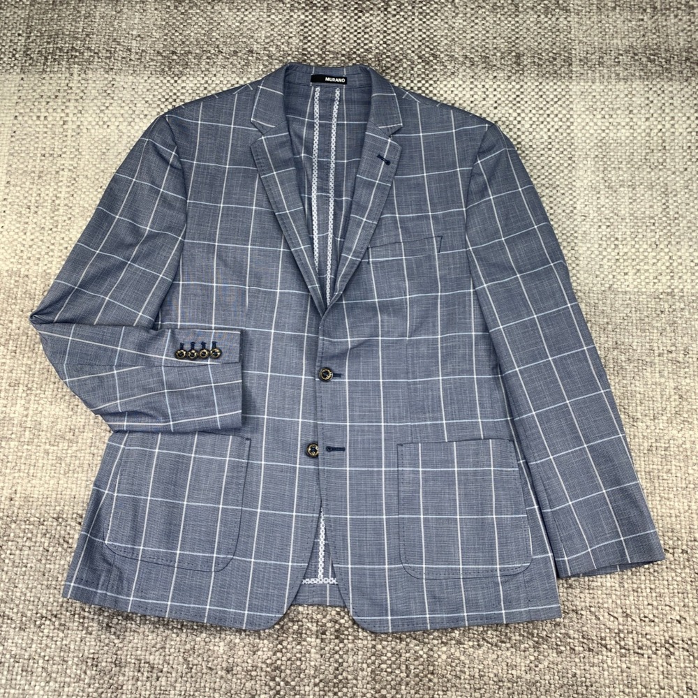 Murano Sport Coat Men XL Blue Windowpane Slim Fit Two Button Patch Pocket Blazer
